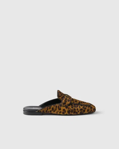 Prada Leather Leopard Logo Mules In Multi