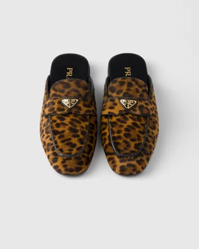 Prada Leather Leopard Logo Mules In Multi