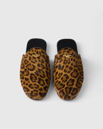 Prada Leopard Calf Hair Flat Mules In Brown