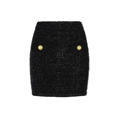 Balmain Black Pencil Mini Skirt With Jewel Buttons In Tweed Woman