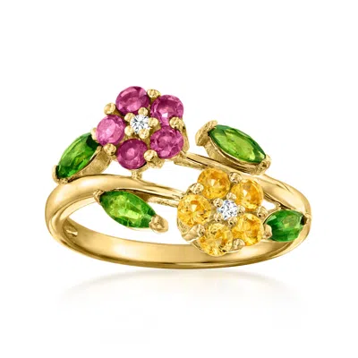 Ross-simons Multi-gemstone Flower Bypass Ring With White Topaz In 18kt Gold Over Sterling In Multi