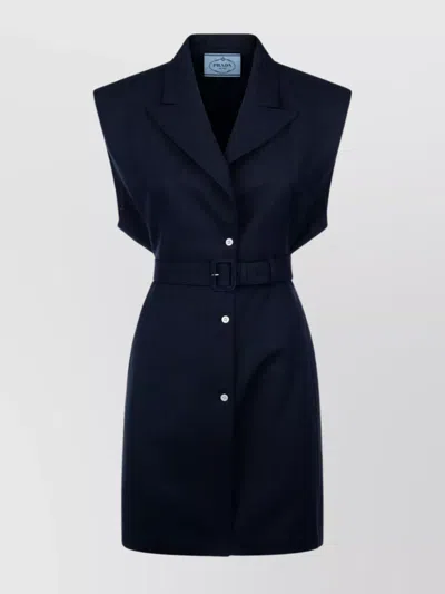 Prada Waist Belted Notched Lapel Sleeveless Knitwear In Black