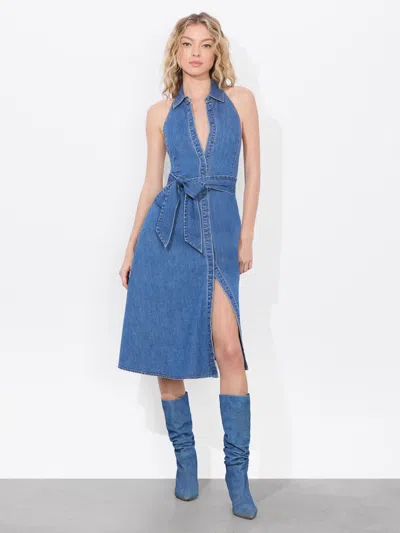 Alice And Olivia Chassidy Chambray Midi Dress In Medium Indigo Chambray