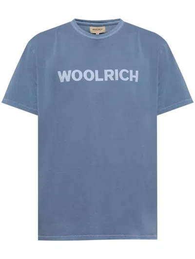 Woolrich Light Garment Dyed T-shirt With Logo In Blue