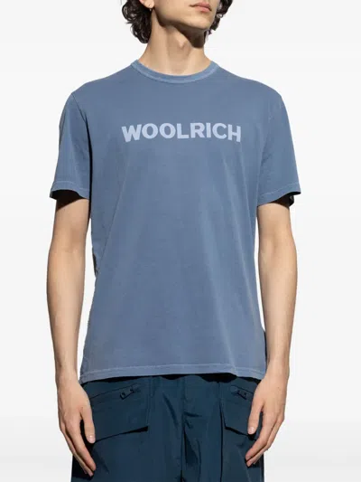 Woolrich Light Garment Dyed T-shirt With Logo In Blue