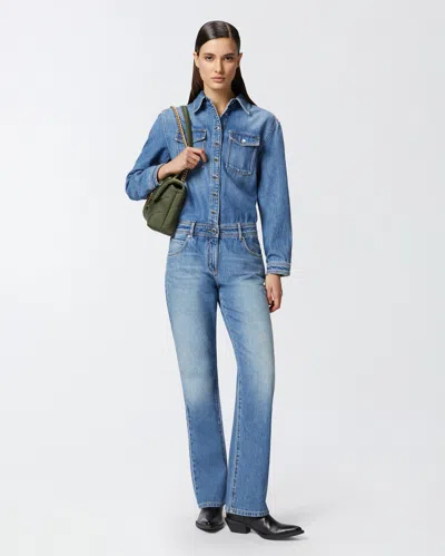Pinko Button-down Denim Jumpsuit With Classic Pocket Design In Mid Wash
