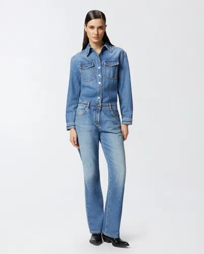 Pinko Button-down Denim Jumpsuit With Classic Pocket Design In Mid Wash