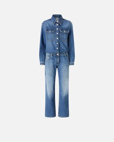 Pinko Button-down Denim Jumpsuit With Classic Pocket Design In Mid Wash