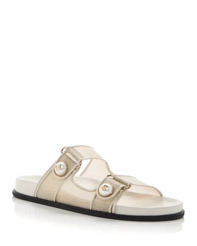 Jimmy Choo Fayence Metallic Pearly-button Slide Sandals In Champagne/latte