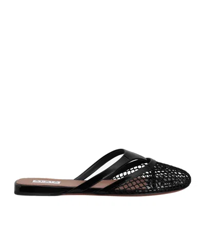 Alaïa Fishnet And Leather Flip Flops Flat Mules Shoes In Black