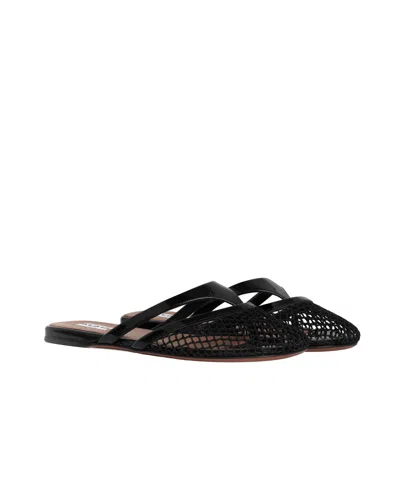 Alaïa Fishnet And Leather Flip Flops Flat Mules Shoes In Black