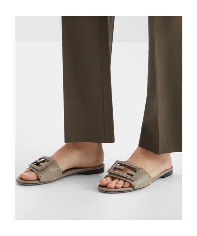 Fendi Women Cappuccino Leather Baguette Slippers In Brown