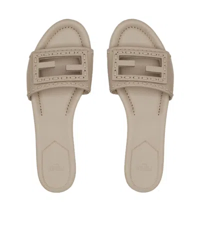 Fendi Women Cappuccino Leather Baguette Slippers In Brown