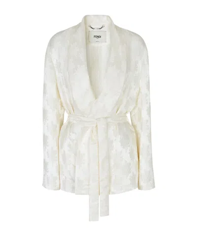 Fendi Silk Blazer With Belted Waist And Jacquard Pattern In White