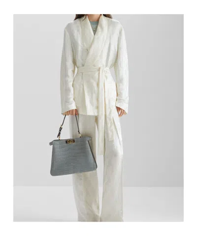 Fendi Silk Blazer With Belted Waist And Jacquard Pattern In White