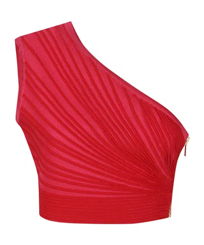 Balmain One-shoulder Ruched Cropped Top In Red