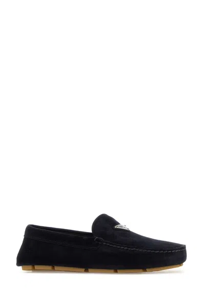 Prada Enamel-triangle-logo Suede Loafers In Blue