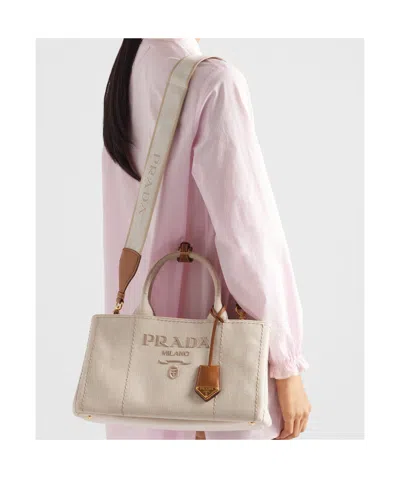 Prada Large Linen Blend Handbag In Nude