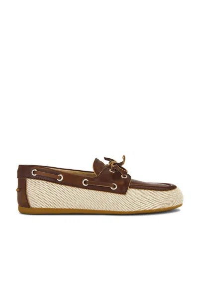 Miu Miu Canvas And Bleached Leather Boat Shoes In Naturale & Bruciato