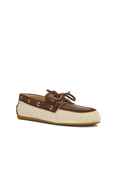 Miu Miu Canvas And Bleached Leather Boat Shoes In Naturale & Bruciato