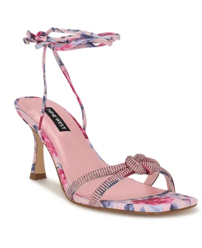 Nine West Women's Raqchel Embellished Lace Up Dress Sandals In Pink Mystic Garden Print