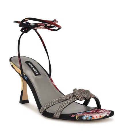 Nine West Women's Raqchel Embellished Lace Up Dress Sandals In Black Scattered Rose