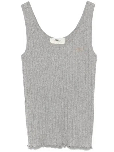 Fendi Women Ribbed Cotton Tank Top In Gray
