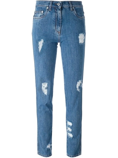 Moschino Woman Distressed Mid-rise Slim-leg Jeans Mid Denim In Blue