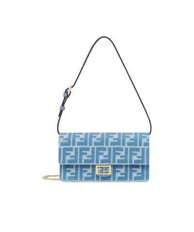 Fendi Women Wallet On Chain Baguette With Shoulder Strap With All-over Ff Motif In White