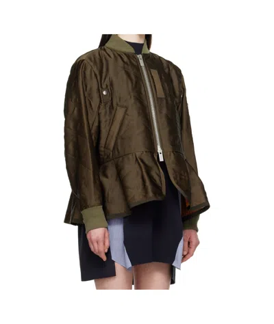 Sacai Khaki Quilted Satin Bomber Jacket In Green