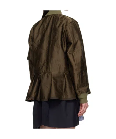 Sacai Khaki Quilted Satin Bomber Jacket In Green