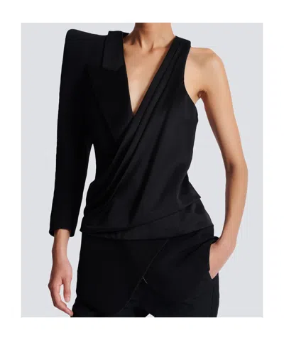 Balmain Asymmetric Jacket With Structured Shoulder In Black