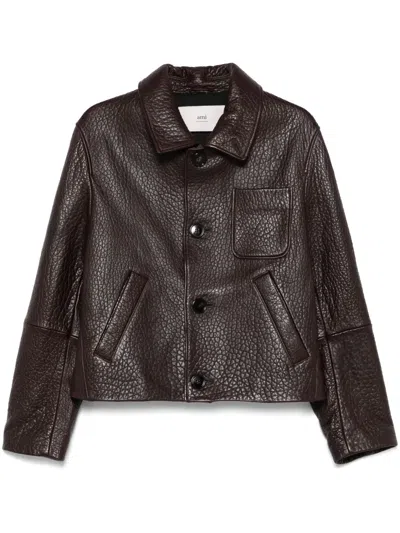 Ami Alexandre Mattiussi Leather Jacket With Chest Patch Pocket In Brown