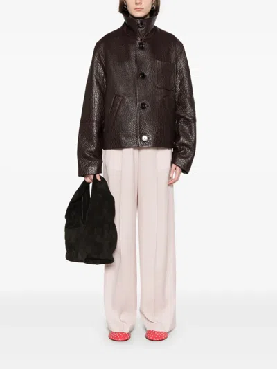 Ami Alexandre Mattiussi Leather Jacket With Chest Patch Pocket In Brown