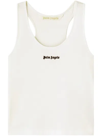 Palm Angels White Logo-embroidered Ribbed Tank Top In Neutral