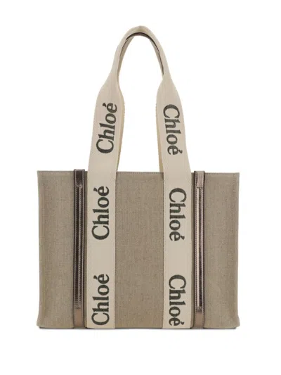 Chloé Woody Linen Tote Bag In Grey