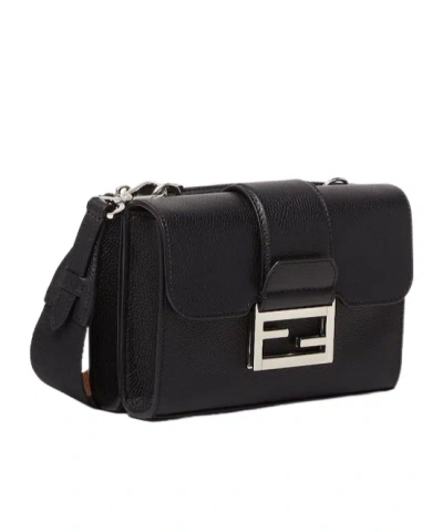 Fendi Double Baguette Grained Leather Messenger Bag In Black