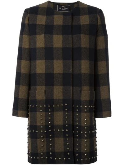 Etro Studded Checked Coat In Black
