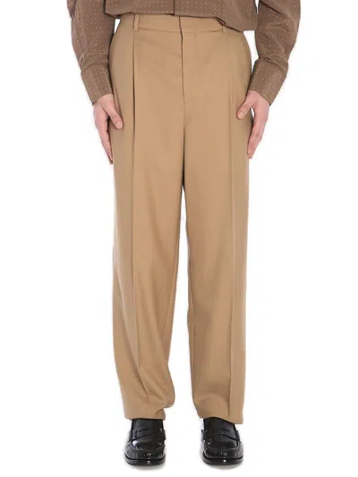 Saint Laurent High Waist Carrot Fit Wool Trousers In Beige