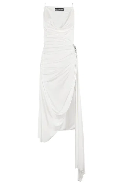 David Koma Crystal Claw Embr Detail Asymmetric Gown In White Silver