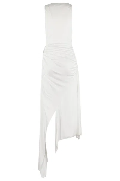 David Koma Crystal Claw Embr Detail Asymmetric Gown In White Silver