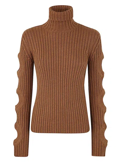 Jw Anderson Merino Wool Cutout-sleeve Turtleneck Sweater In Brown