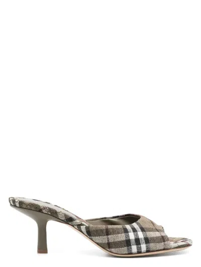 Burberry Check Pattern Kitten Heel Mules With Peep Toe In Green