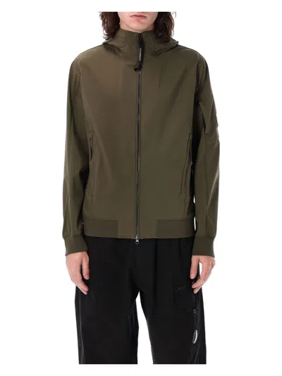 C.p. Company Matte-finish Hooded Jacket With Zippered Pockets And Logo Patch In Ivy Green