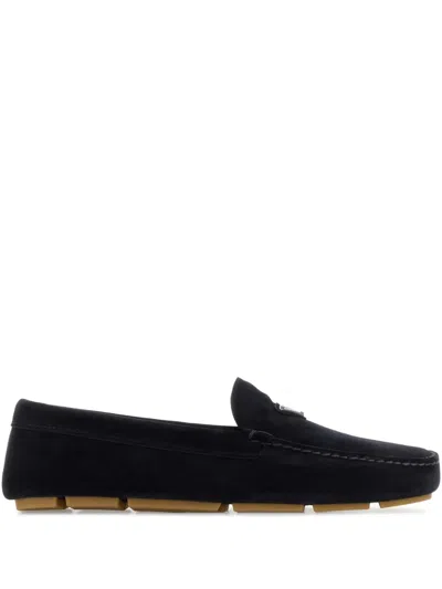 Prada Enamel-triangle-logo Suede Loafers In Blue
