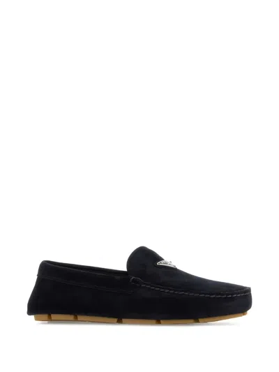 Prada Enamel-triangle-logo Suede Loafers In Blue