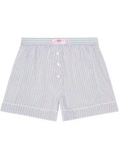 Ganni Violet Shorts With Logo Patch On The Front And All-over Striped Motif In White