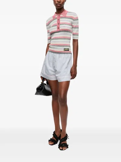 Ganni Violet Shorts With Logo Patch On The Front And All-over Striped Motif In White