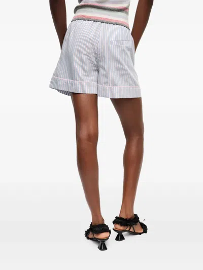 Ganni Violet Shorts With Logo Patch On The Front And All-over Striped Motif In White