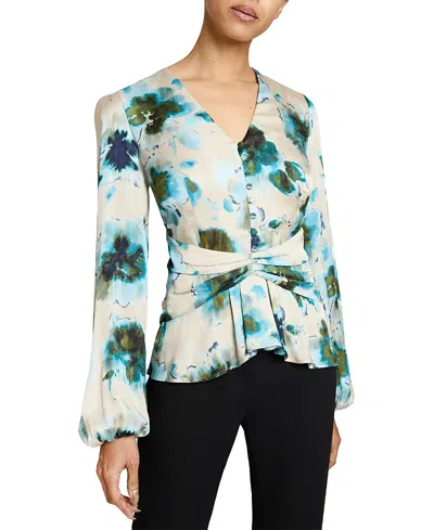 Santorelli Ruby Long Sleeve Blouse With Cinched Waist In Aquamarine/multicolor
